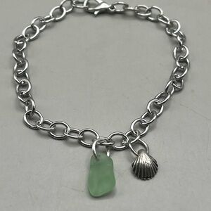 Ocean Breeze Silver Tone Bracelet Genuine Sea Glass Shell Charm
